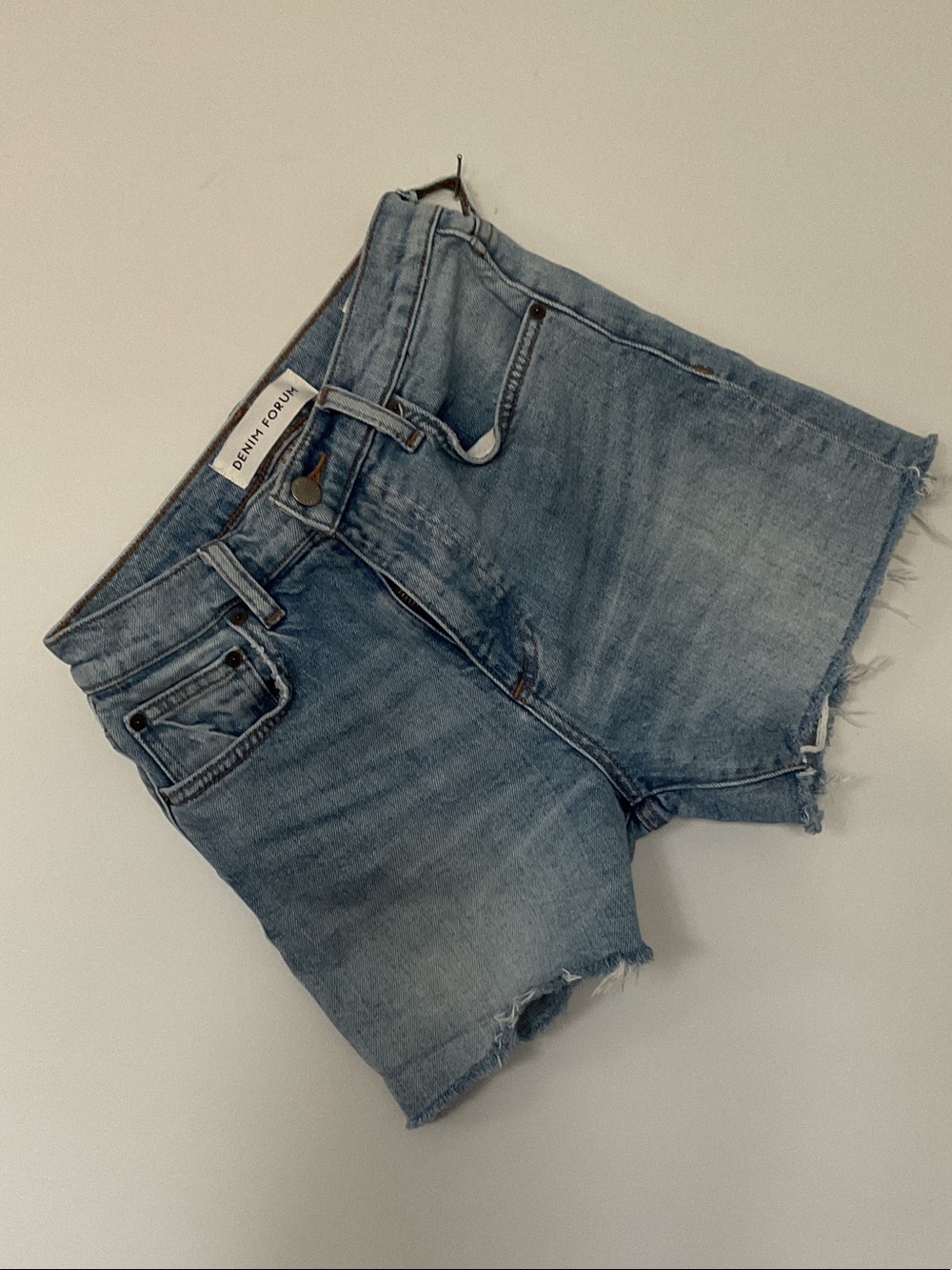 Denim Forum Washed Blue Frayed Hem Denim Shorts